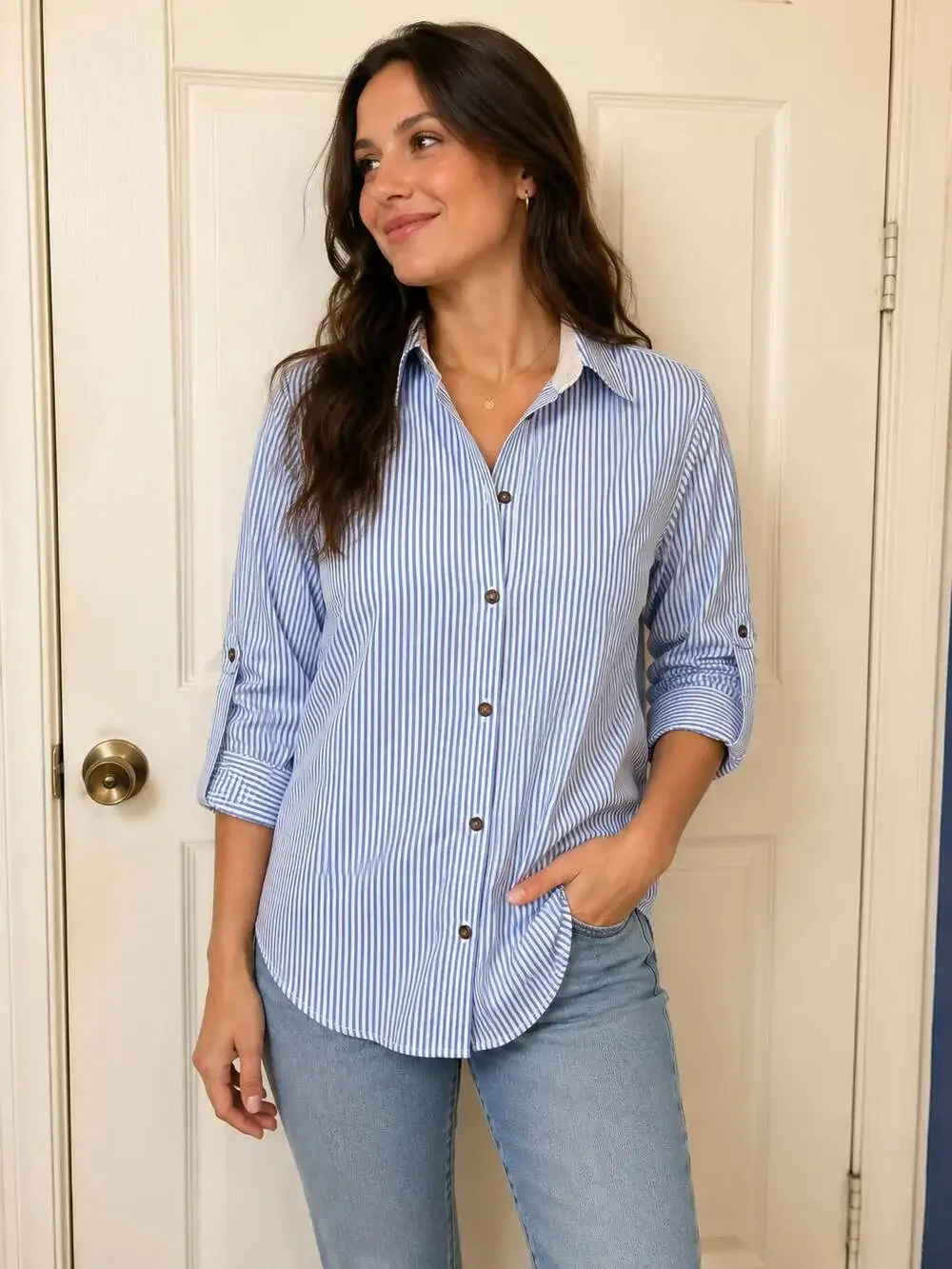 Michael Kors Women's Blue and White Striped Long Sleeve Roll-Tab Button-Down Shi